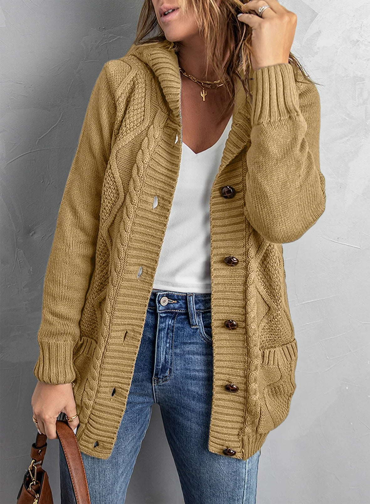 Hooded Cardigan Sweaters for Women Long Sleeve Button down Knit Sweater Coat Outwear with Pockets